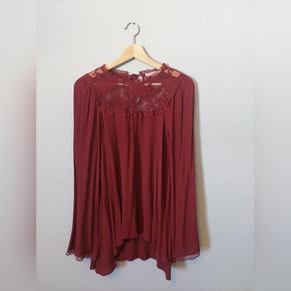 Philosophy Red tunic Top Lace Trim neck tie Small Holiday Classic Quiet Luxury